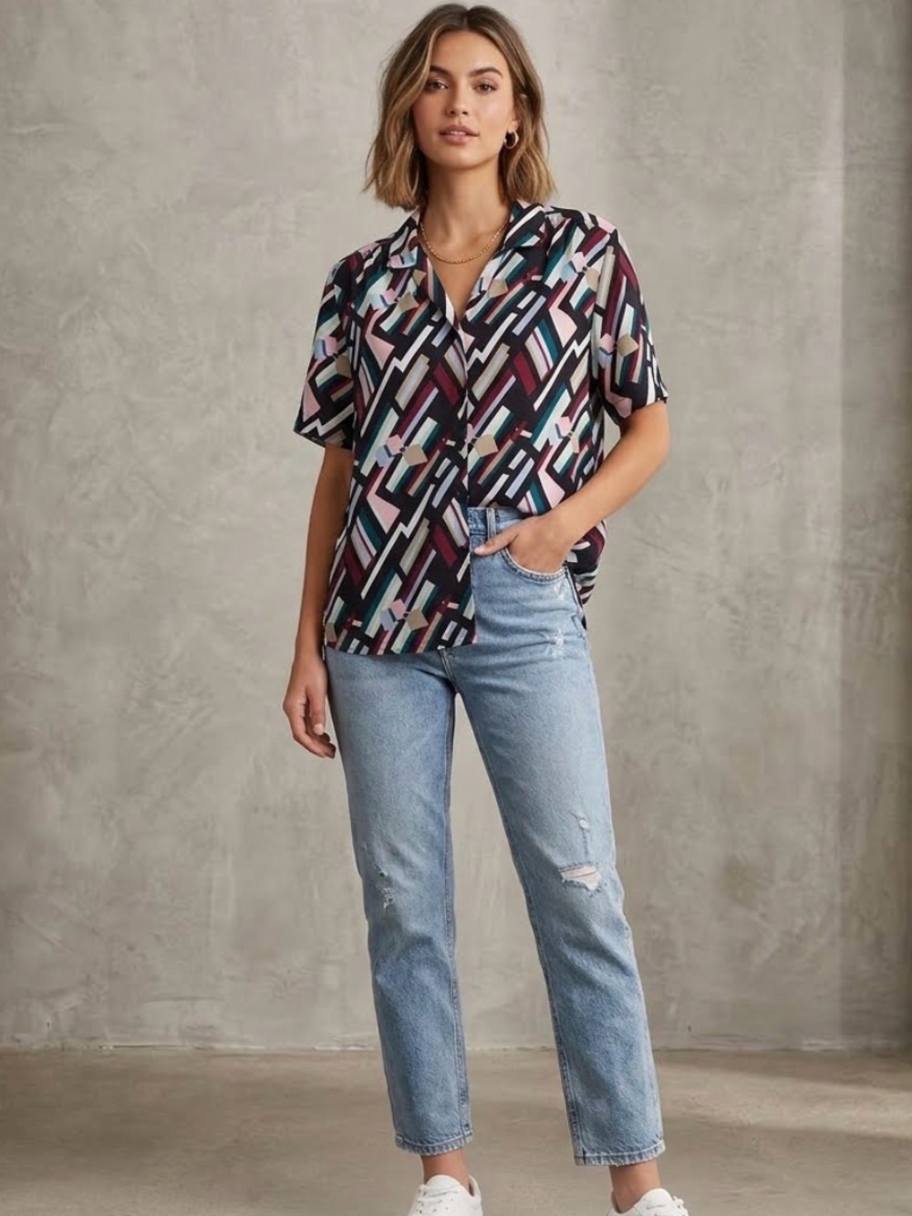 Vintage Donnkenny Geometric Stripe Button-Down Blouse Size 1X